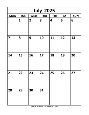 July 2025 printable calendar