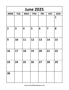 June 2025 printable calendar