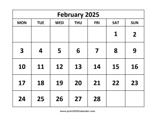 printable February 2025 calendar