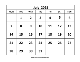 printable July 2025 calendar